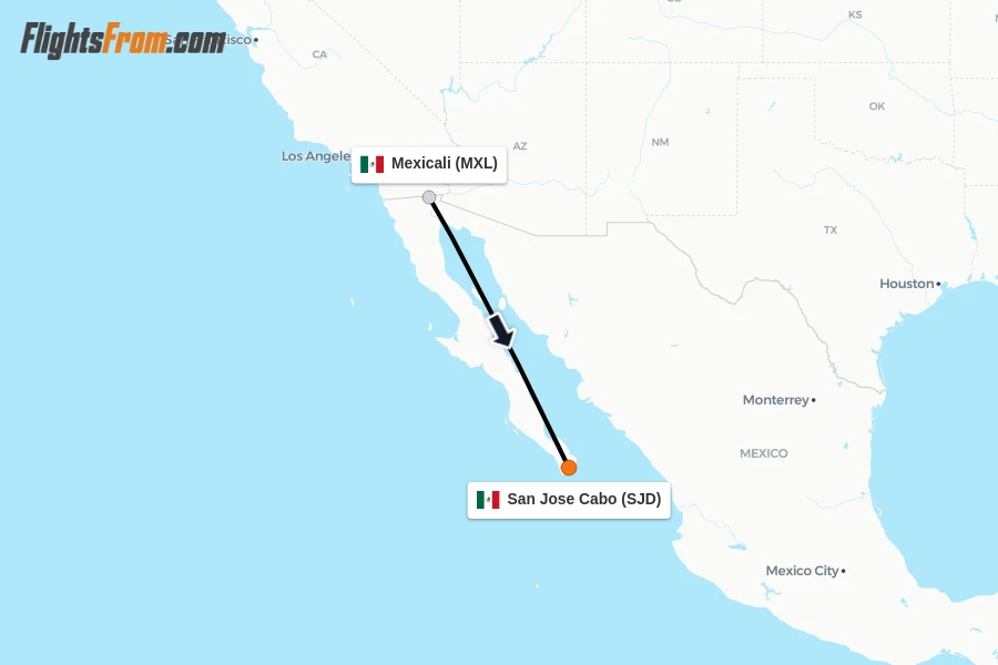 Flights from Mexicali to San Jose Cabo route map