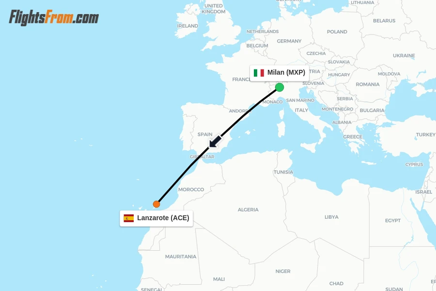 Flights from Milan to Lanzarote route map