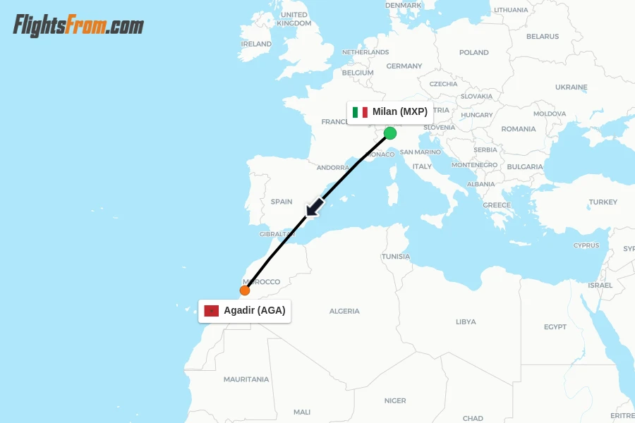Flights from Milan to Agadir route map