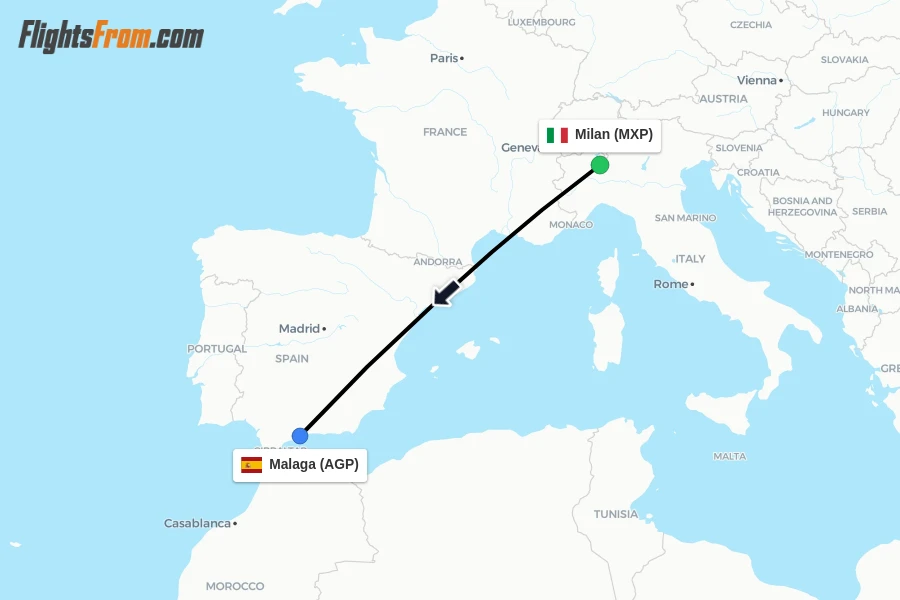 Flights from Milan to Malaga route map