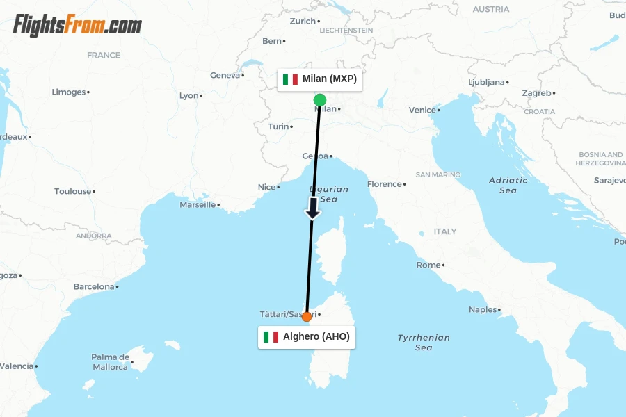 Flights from Milan to Alghero route map