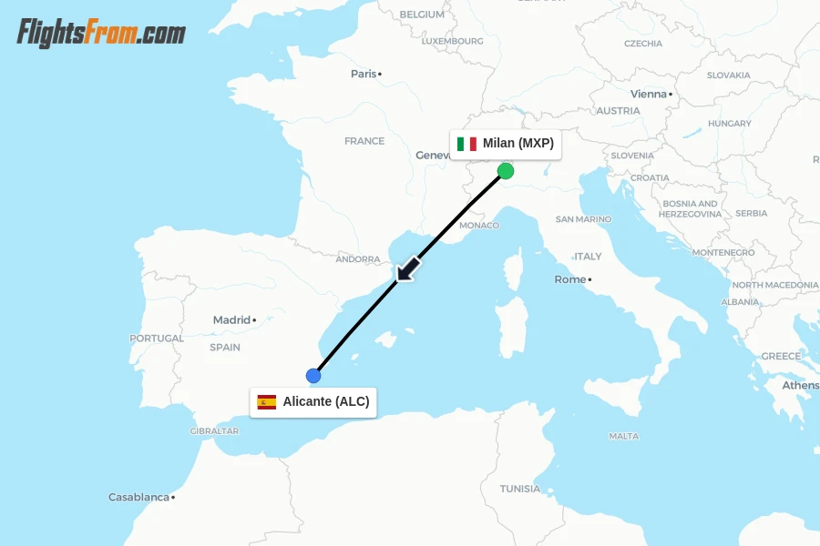 Flights from Milan to Alicante route map