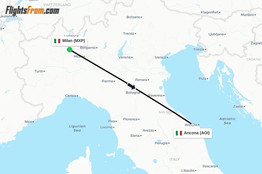 Flights from Milan to Ancona route map