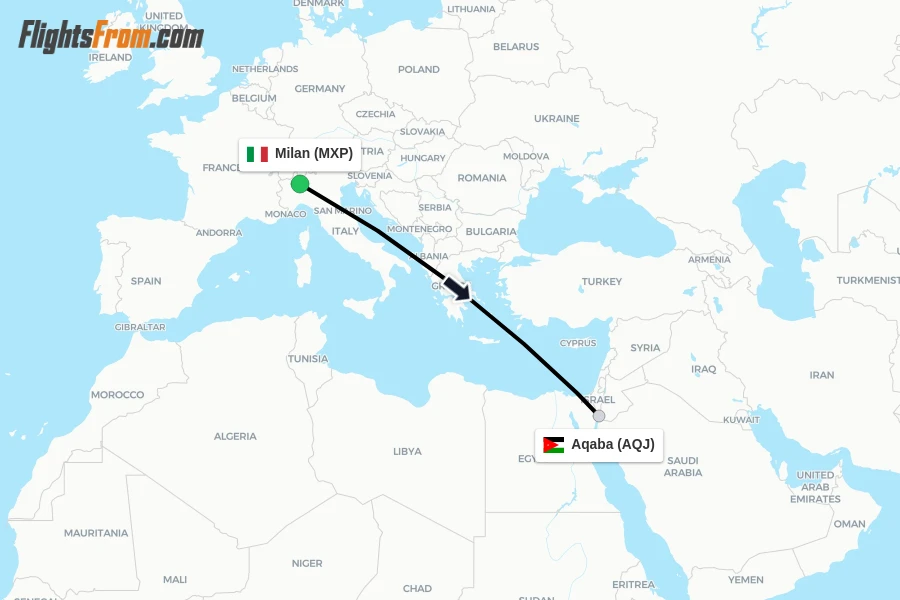 Flights from Milan to Aqaba route map