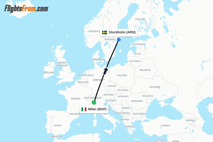 Flights from Milan to Stockholm route map