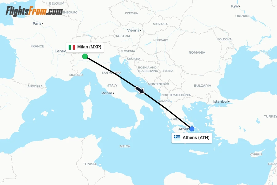 Flights from Milan to Athens route map