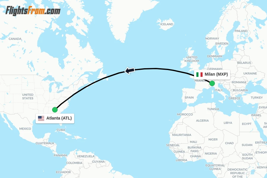 Flights from Milan to Atlanta route map