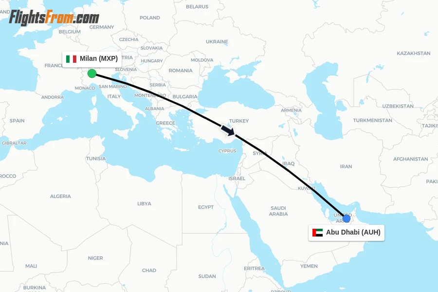 Flights from Milan to Abu Dhabi route map