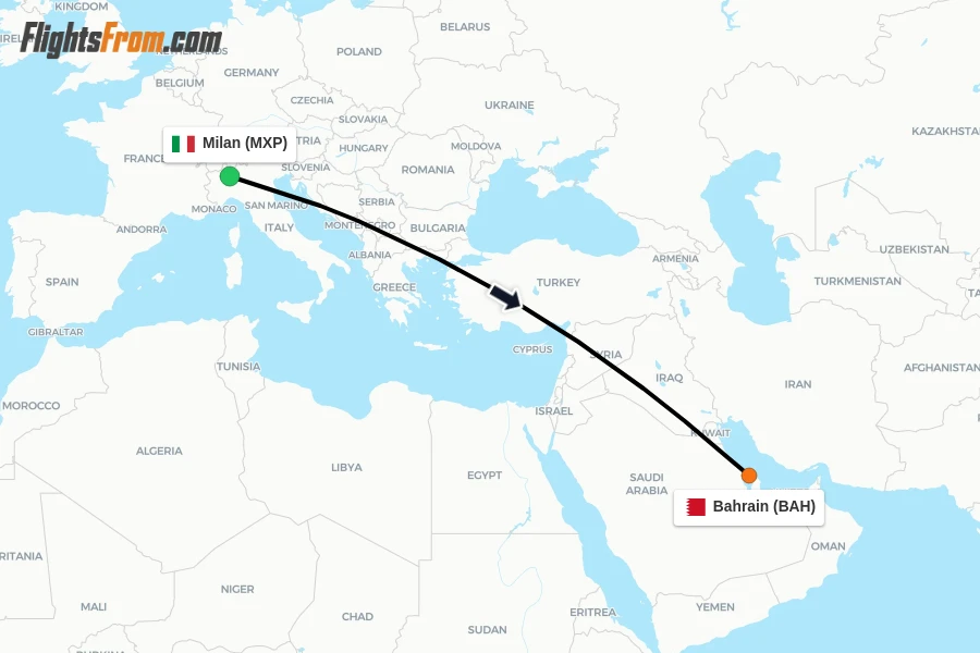 Flights from Milan to Bahrain route map