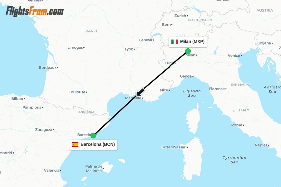 Flights from Milan to Barcelona route map