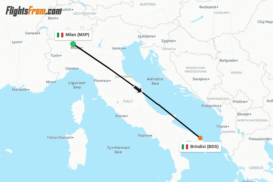 Flights from Milan to Brindisi route map