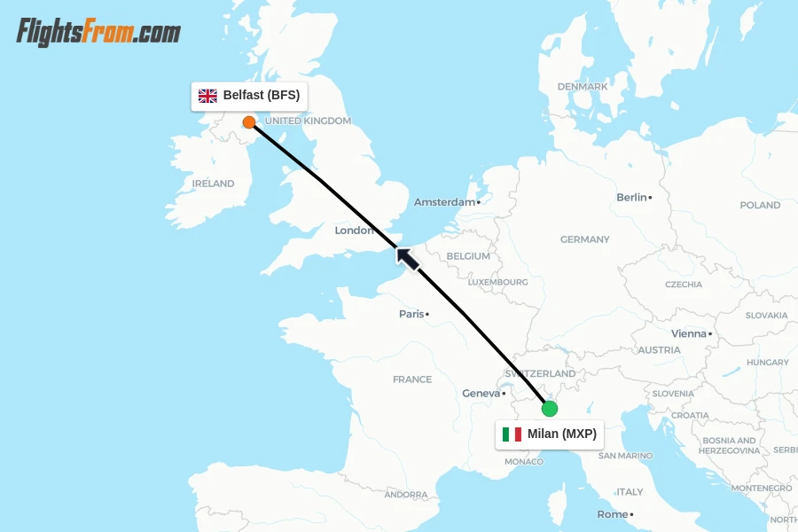 Flights from Milan to Belfast route map
