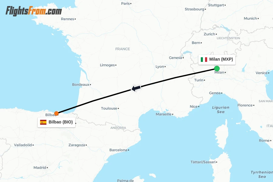 Flights from Milan to Bilbao route map