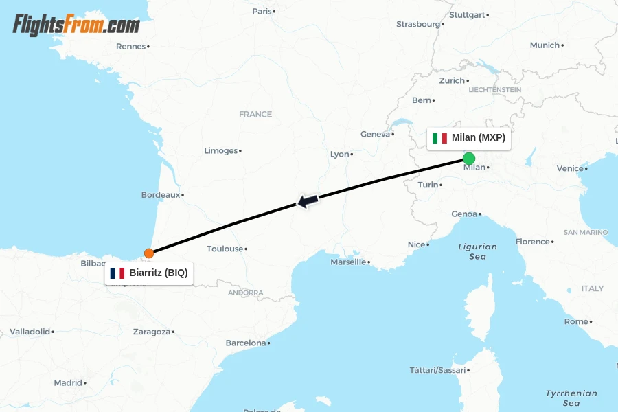 Flights from Milan to Biarritz route map