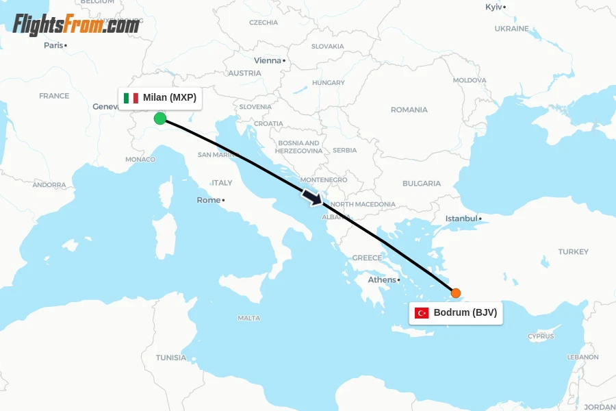 Flights from Milan to Bodrum route map