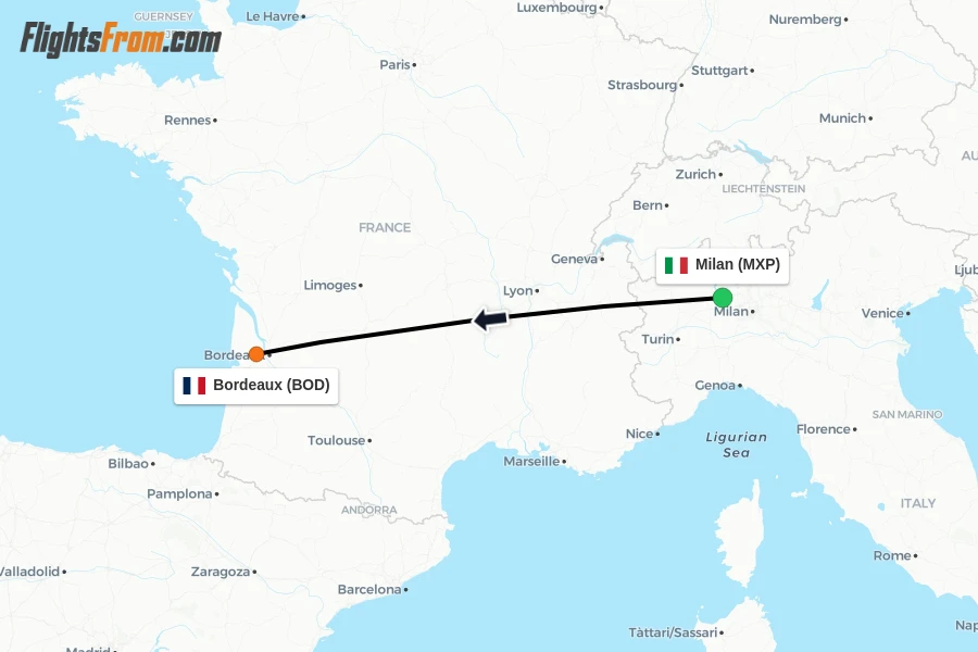 Flights from Milan to Bordeaux route map