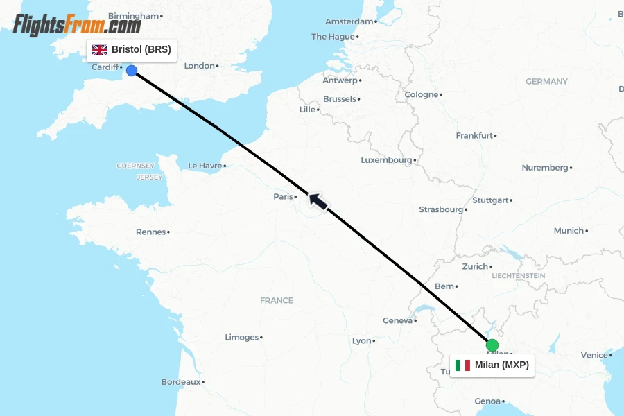 Flights from Milan to Bristol route map