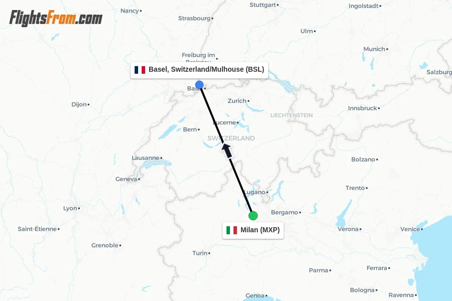 Flights from Milan to Basel, Switzerland/Mulhouse route map
