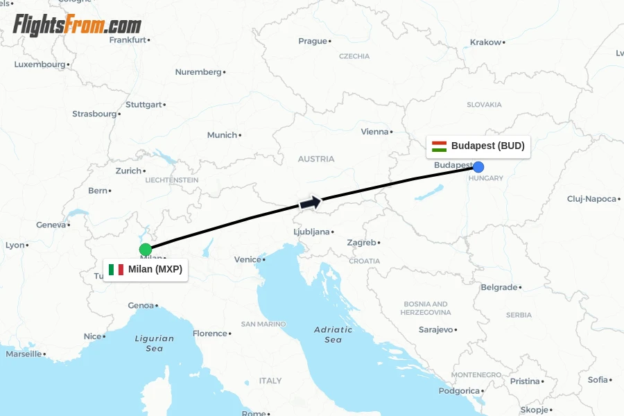 Flights from Milan to Budapest route map