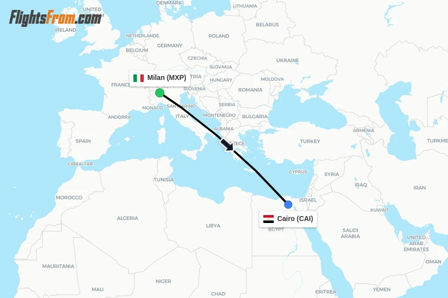 Flights from Milan to Cairo route map