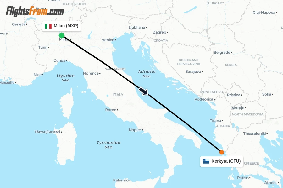 Flights from Milan to Kerkyra route map