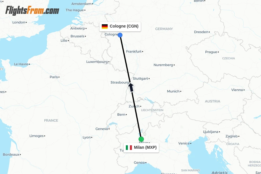 Flights from Milan to Cologne route map