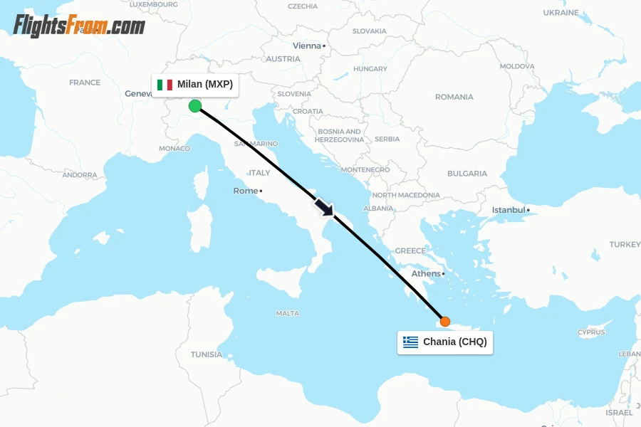 Flights from Milan to Chania route map