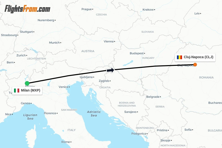 Flights from Milan to Cluj-Napoca route map