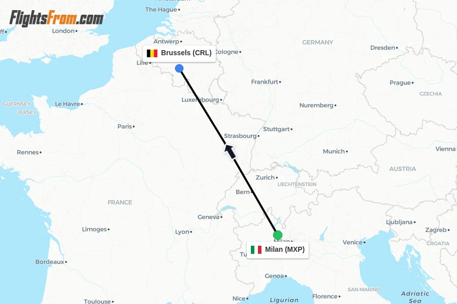 Flights from Milan to Brussels route map