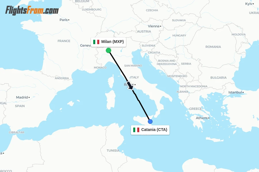 Flights from Milan to Catania route map