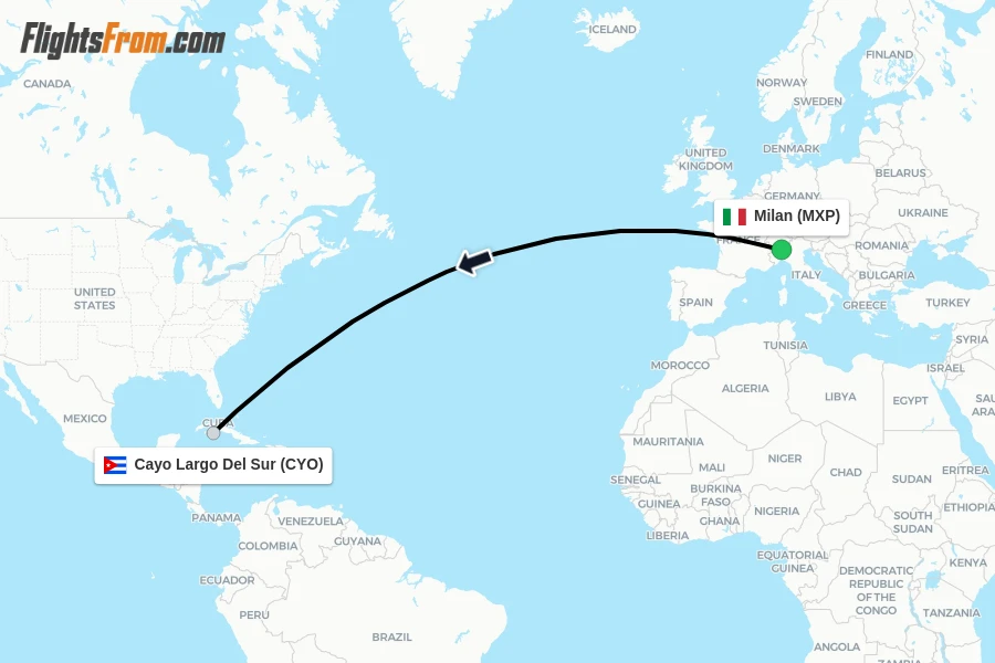 Flights from Milan to Cayo Largo Del Sur route map