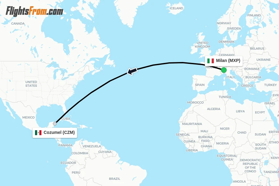 Flights from Milan to Cozumel route map
