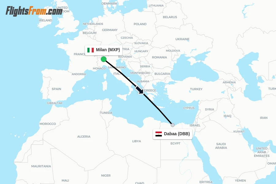 Flights from Milan to Dabaa route map