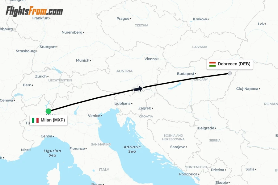 Flights from Milan to Debrecen route map