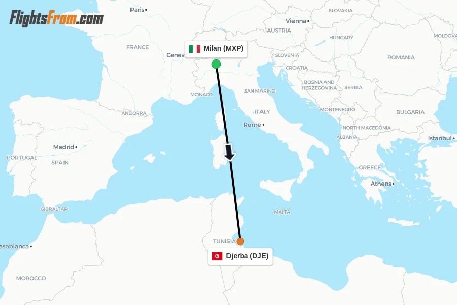Flights from Milan to Djerba route map