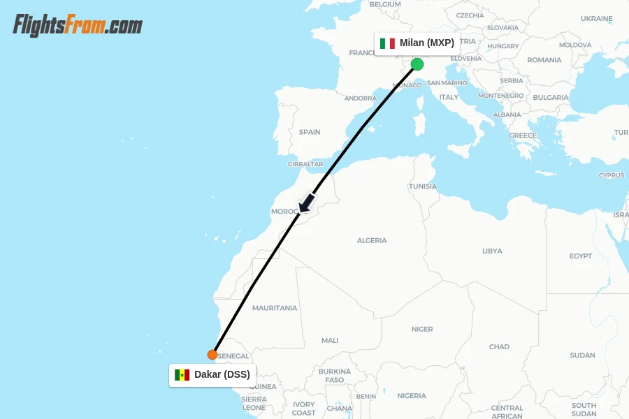 Flights from Milan to Dakar route map