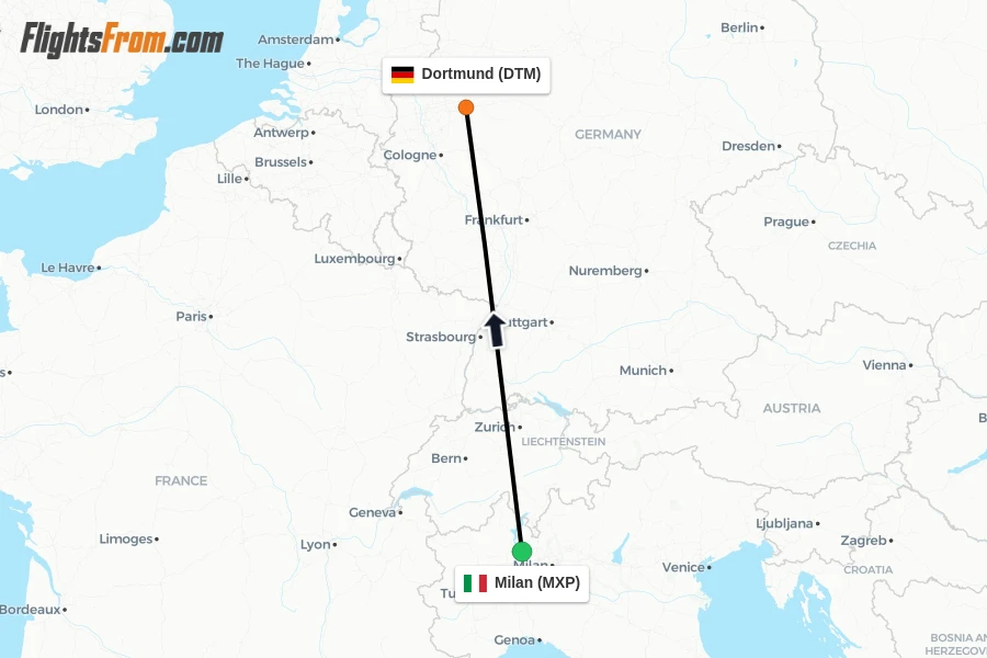 Flights from Milan to Dortmund route map