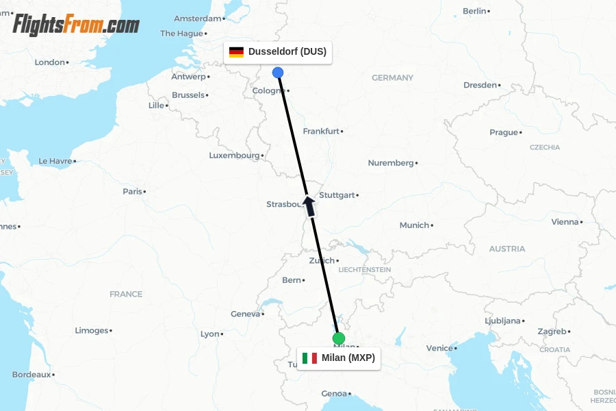 Flights from Milan to Dusseldorf route map