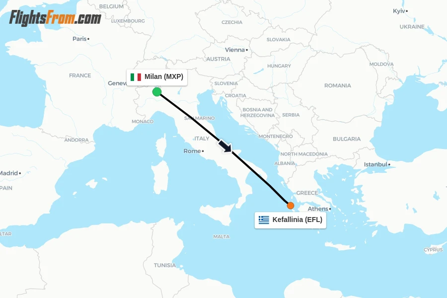 Flights from Milan to Kefallinia route map