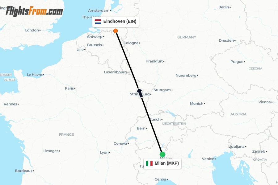 Flights from Milan to Eindhoven route map