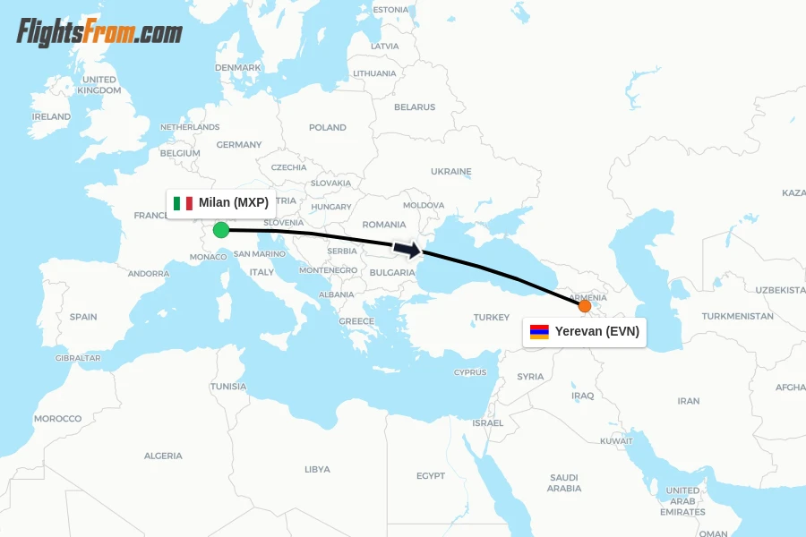 Flights from Milan to Yerevan route map
