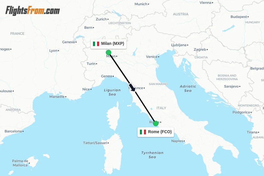 Flights from Milan to Rome route map