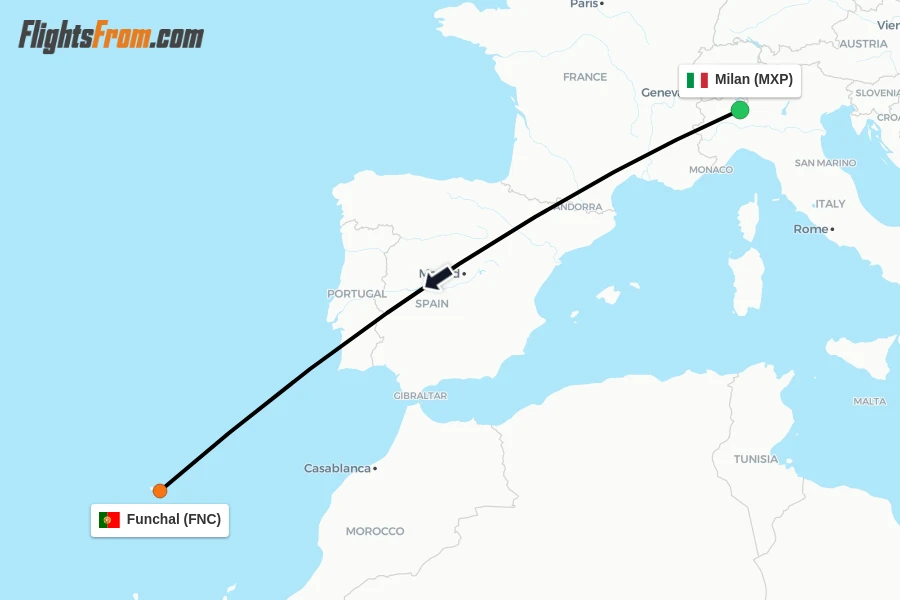 Flights from Milan to Funchal route map