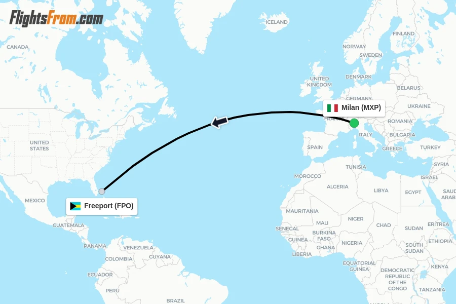 Flights from Milan to Freeport route map