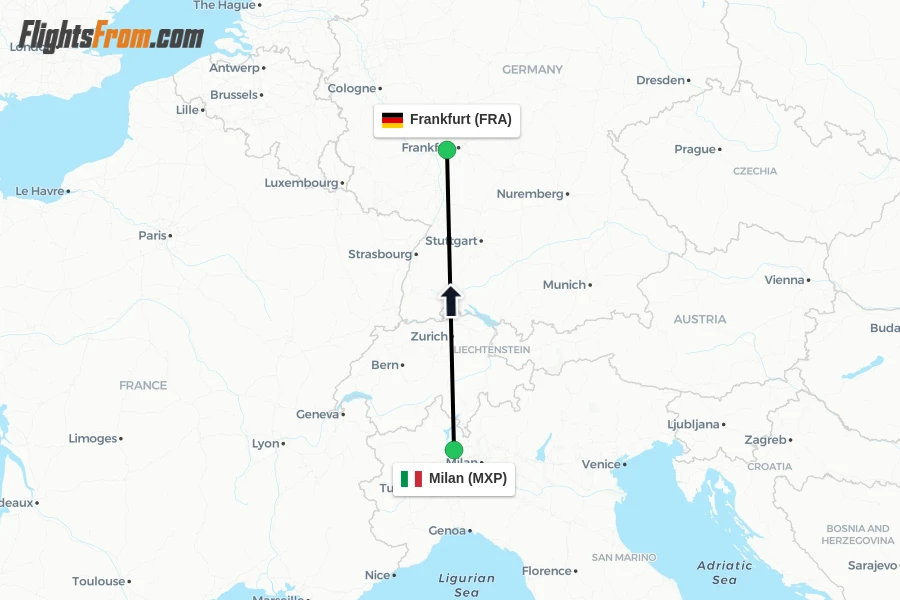 Flights from Milan to Frankfurt route map