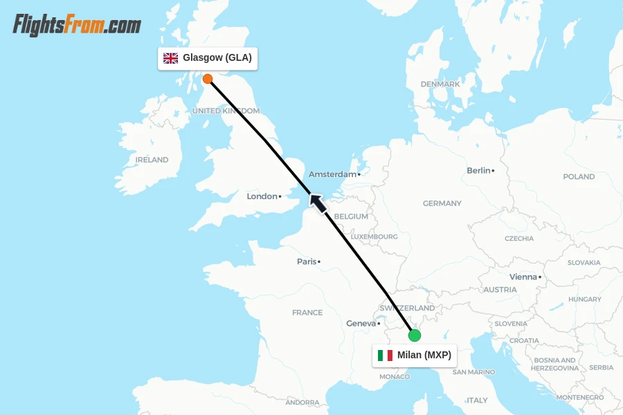 Flights from Milan to Glasgow route map