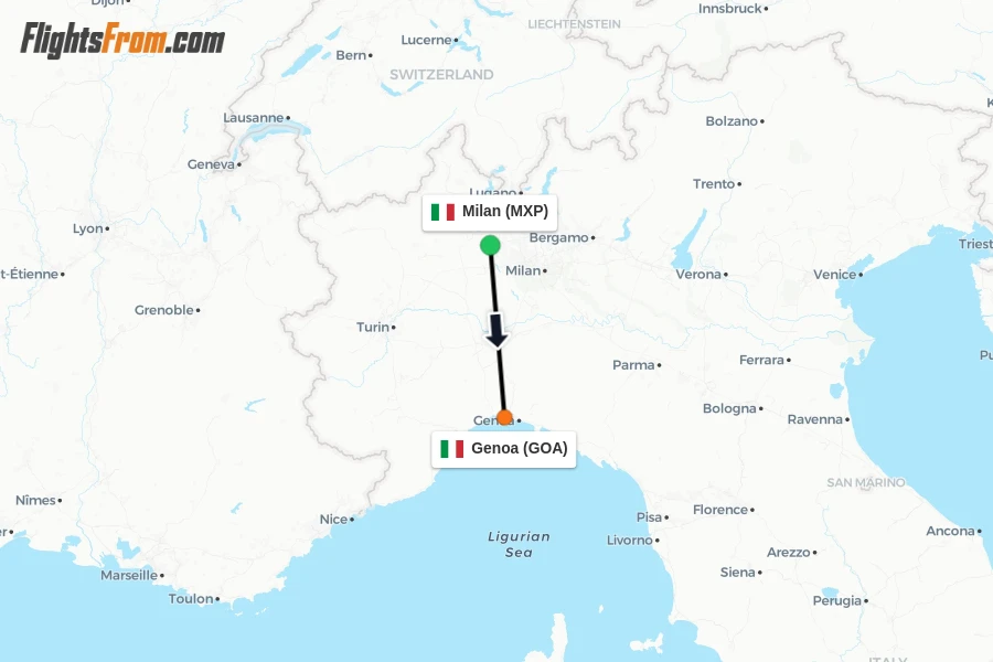 Flights from Milan to Genoa route map