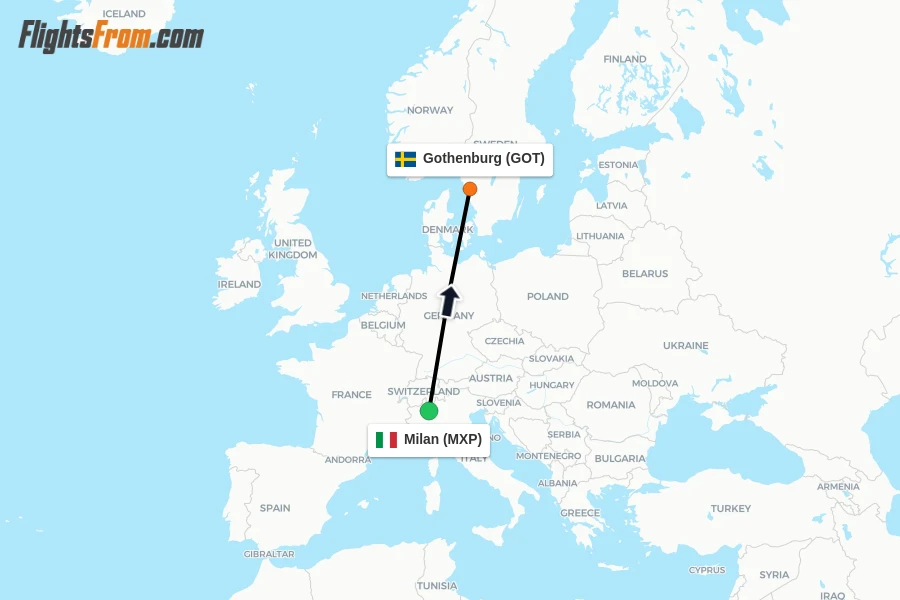 Flights from Milan to Gothenburg route map