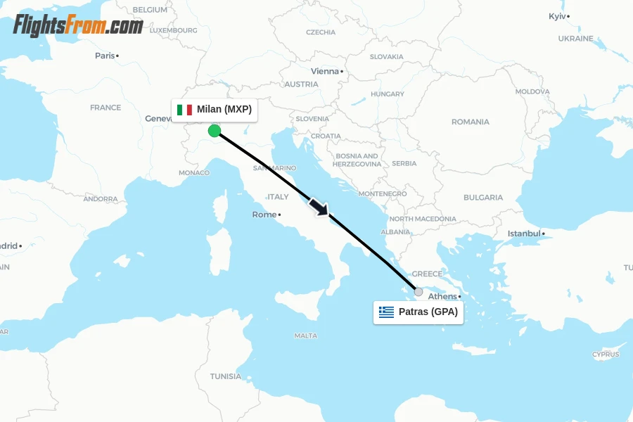 Flights from Milan to Patras route map