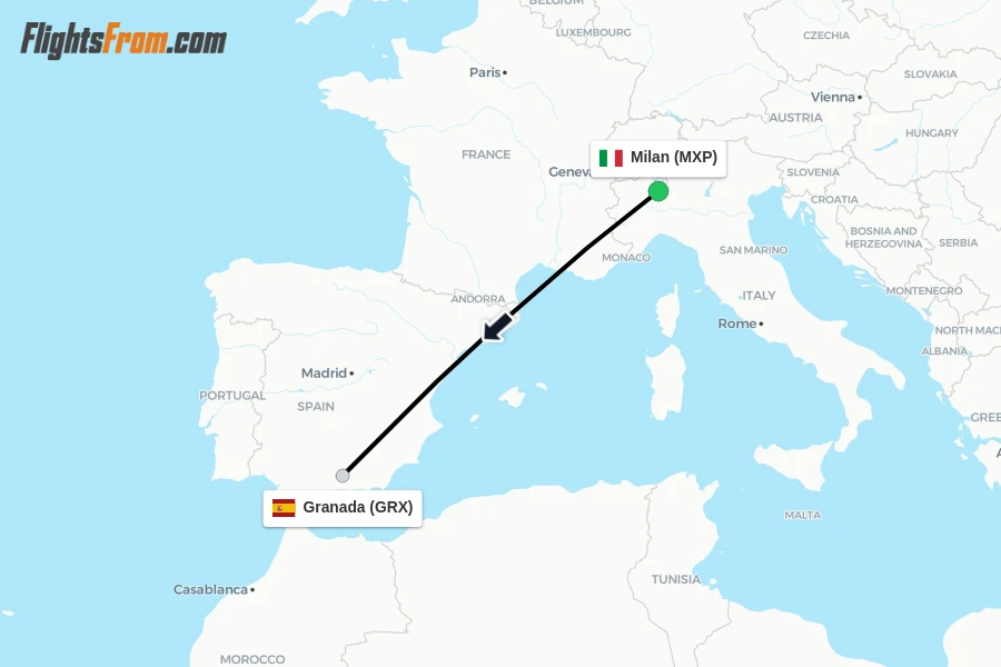 Flights from Milan to Granada route map